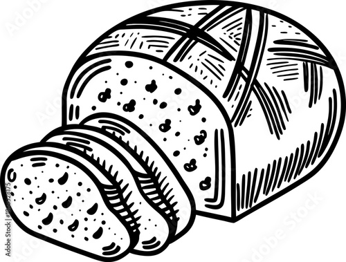 Sliced loaf of bread with crust texture and seeds, hand drawn black line art illustration