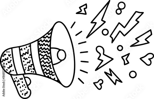 Hand drawn megaphone with sound waves and symbols illustration for communication and announcement