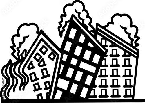 Burning buildings on fire with smoke and flames, urban disaster and destruction concept