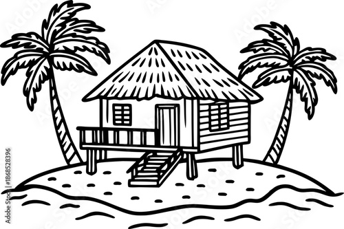Tropical island hut with palm trees and wooden stairs on sandy beach landscape
