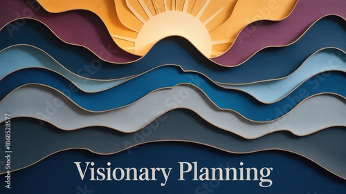 Abstract landscape with layered waves and a radiant sun at sunrise, evoking a sense of hope and new beginnings.