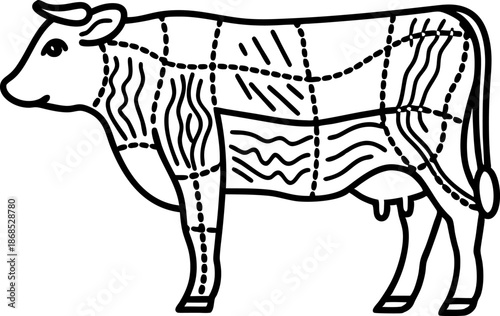 Diagram of a cow showing meat cuts outlined with lines and sections for butchery guide