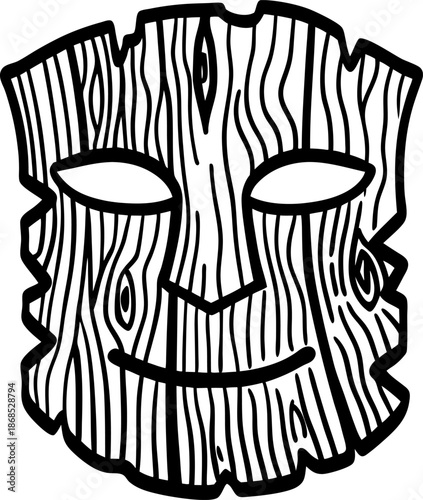 Wooden face mask with carved expression and natural grain texture, tribal illustration