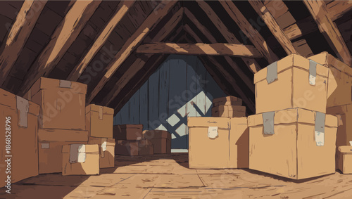 vector Attic Storage - Boxes and Beams in a Cozy Space.