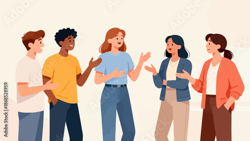 A group of people are standing together and talking. The people are of different ages and genders. Scene is friendly and social