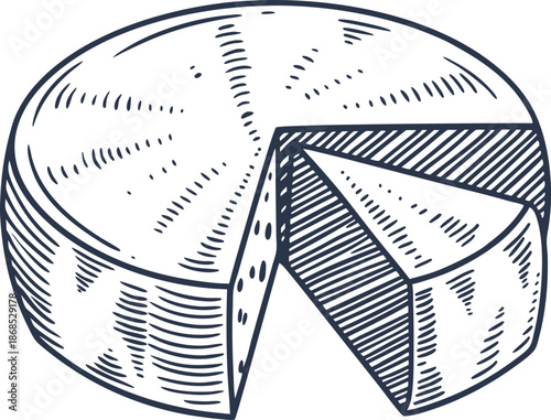 Round cheese wheel with one wedge cut out, vintage sketch illustration of dairy product
