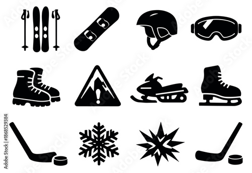 Black silhouette winter sports and equipment set featuring skiing, snowboarding, ice skating, hockey, and snowmobiling icons for seasonal designs
