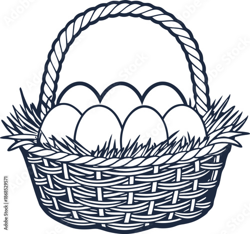 Basket with eggs in straw nest woven woven basket filled with eggs and grass illustration