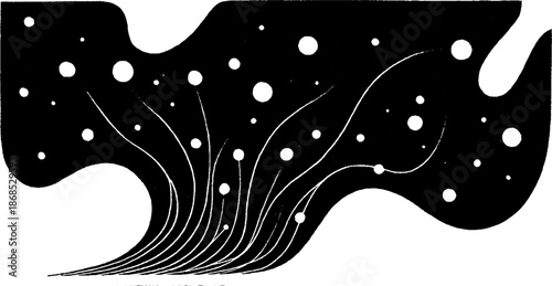 Abstract cosmic flow with curved lines and circular shapes on black background