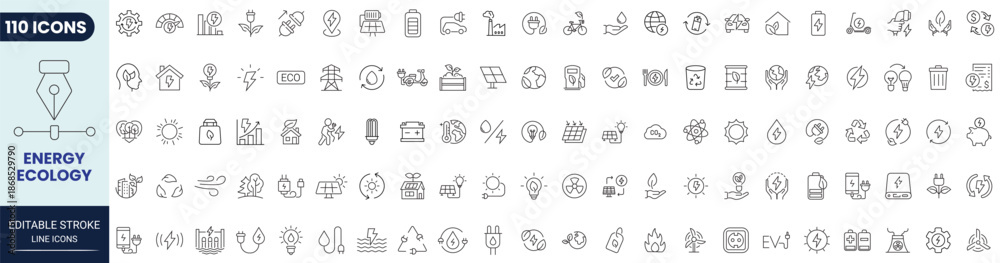Fototapeta premium Energy, ecology line icon set. Includes renewable energy, ecology, green electricity, and more. Editable stroke. Vector illustration.