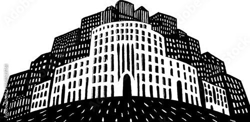 Black and white abstract cityscape with geometric buildings and architecture