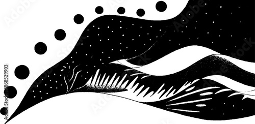 Abstract black and white surreal landscape with flowing patterns and circular elements