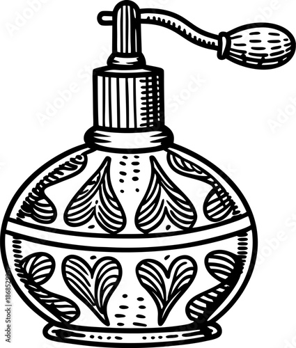 Vintage perfume bottle with heart shaped designs and atomizer pump for fragrance application