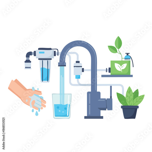 Illustration of a hand washing under a faucet with a water filter and plants nearby on a white background.