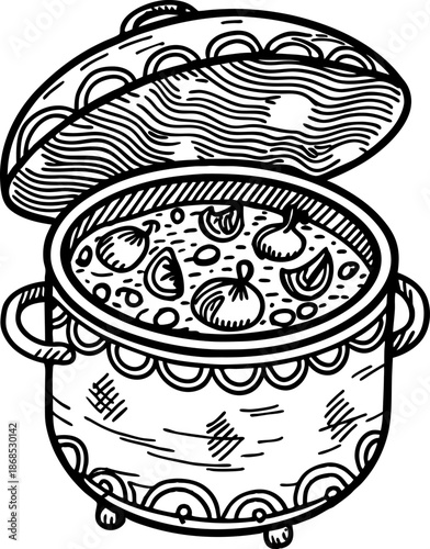 Decorative cooking pot with lid open showing boiling soup with vegetables