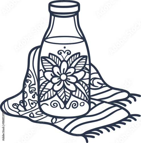 Decorative glass bottle with floral design on patterned cloth, line art illustration
