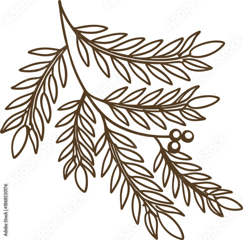 Brown botanical branch with leaves and berries, hand drawn floral nature design element