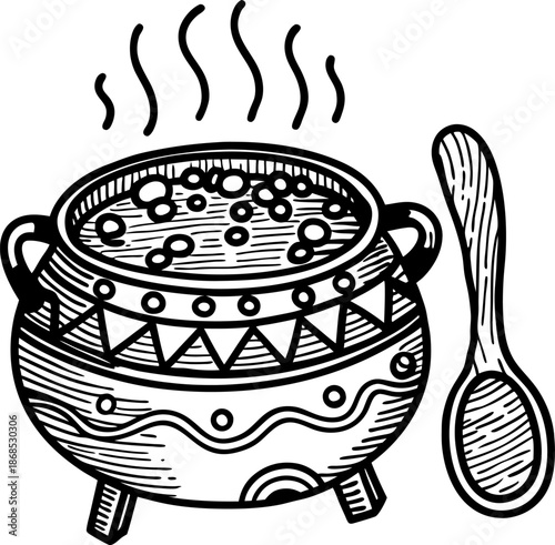 Traditional boiling pot with steaming hot soup and wooden spoon illustration