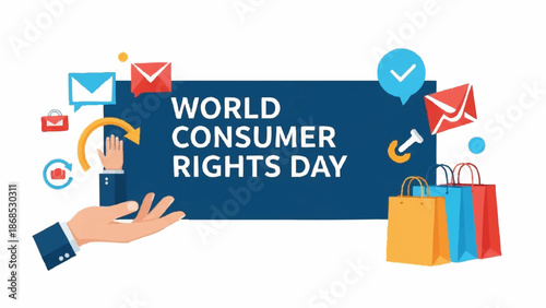 World Consumer Rights Day Celebration with Shopping Bags and Icons.