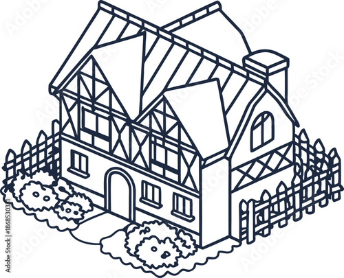 Charming cottage house with garden and wooden fence, vintage home illustration