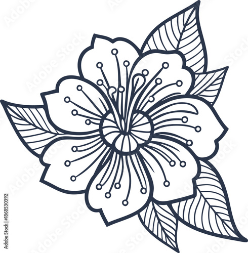 Stylized floral illustration with five petals and detailed leaves, monochrome botanical design