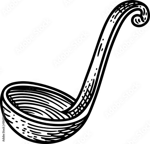 antique wooden ladle with carved handle and round bowl for serving liquids