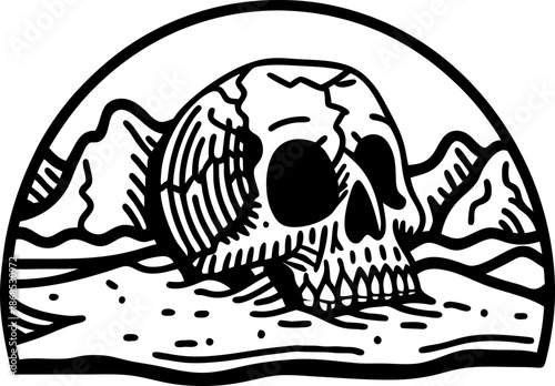 skull in desert landscape with mountains background, monochrome nature illustration