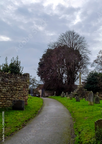 A path through a cemetery on a cloudy day.