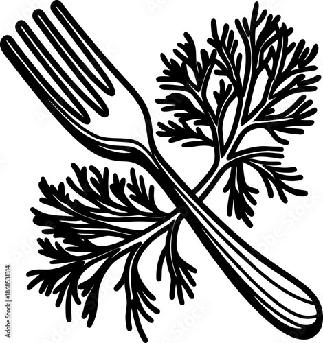 Fork with leafy herbs illustration fresh culinary garnish and kitchen utensil design
