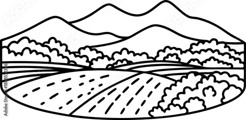 scenic countryside landscape with rolling hills, fields, and shrubbery under clear sky