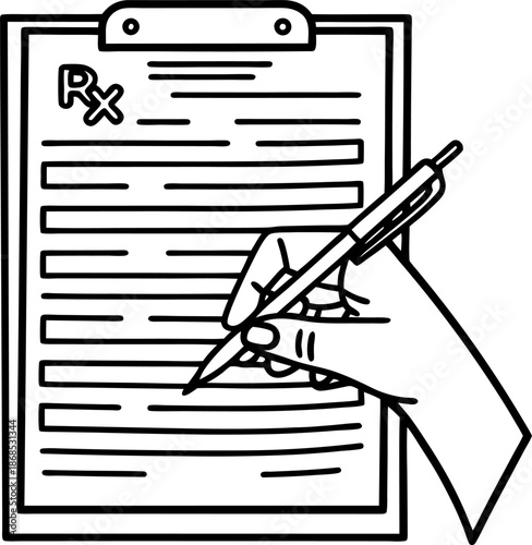 Hand writing prescription on medical document with pen and clipboard