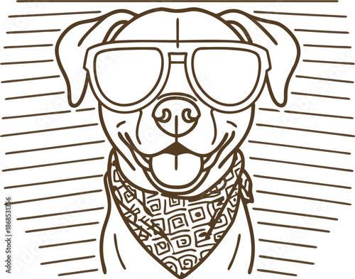 Cool dog wearing sunglasses and patterned bandana with striped background line art illustration