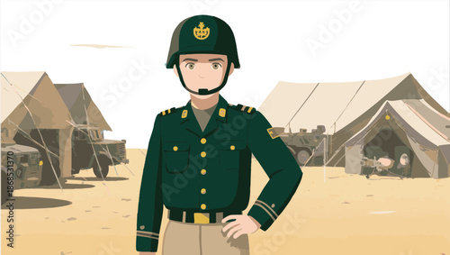 Cartoon Soldier in Military Camp, Desert Setting, Anime Style