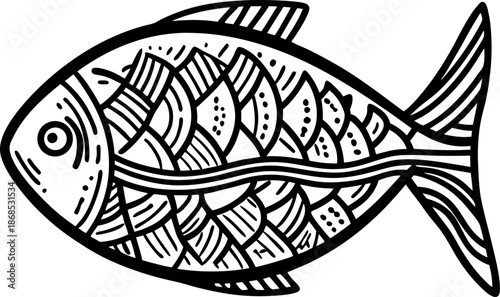 Decorative hand drawn fish illustration with intricate patterned scales and fins