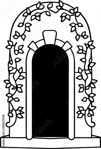 Stone arched door entrance covered with climbing ivy vines and leaves in simple black outline