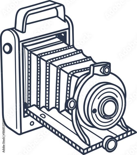 Vintage bellows camera with extendable accordion design and circular lens