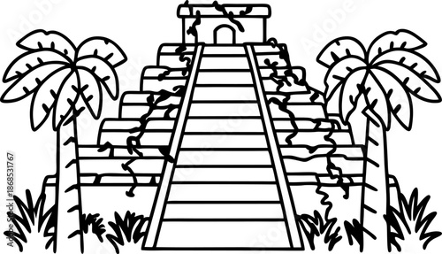 Ancient mayan pyramid with stairs surrounded by palm trees and jungle plants