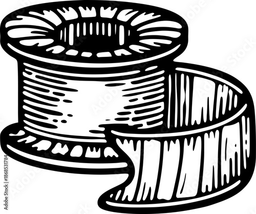 vintage sewing thread spool with loose thread end, hand drawn textile and craft illustration