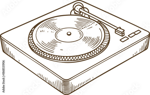 Vintage turntable with vinyl record player, retro music device illustration