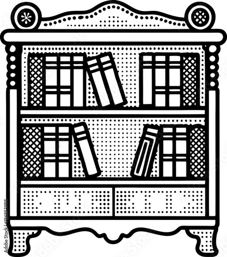 Vintage wooden bookshelf with decorative details and books on shelves