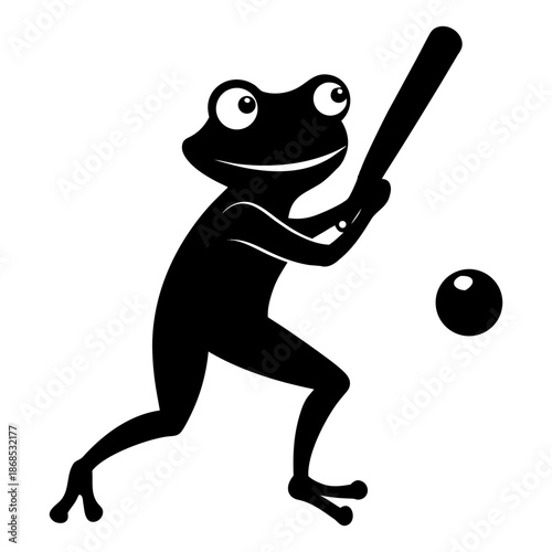 Silhouette image of a frog confidently playing cricket with a bat