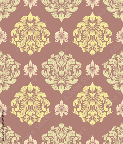 seamless damask pattern with golden flowers, red background, vintage design, vector illustration elegant for textile, wall paper, bedding, rug, curtain, cushion cover, upholstery fabric, Baroque style