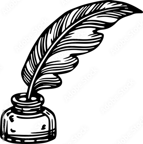 Classic feather quill pen in ink bottle vintage writing and calligraphy tool illustration