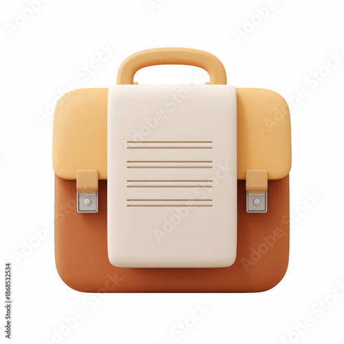 3D cute cartoon briefcase with business document paperwork icon isolated on transparent background.