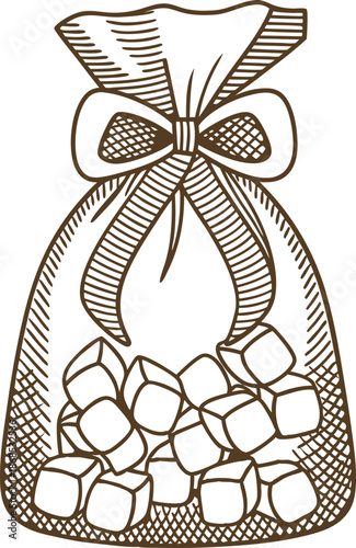 Drawn gift bag filled with sugar cubes, decorative tied bow on top, sweet treat packaging design