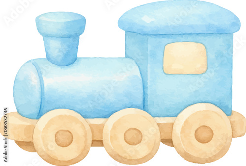 Light blue toy train locomotive with wooden wheels, cute watercolor illustration for kids