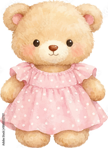 Cute fluffy teddy bear in pink polka dot dress, adorable nursery toy illustration for children