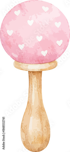 Pink baby rattle with wooden handle cute pastel nursery toy with small white hearts pattern