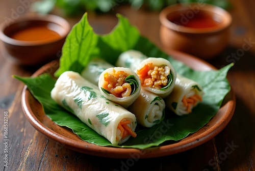 Fresh spring rolls neatly arranged on a wooden plate with dipping sauces and vibrant greens in a cozy setting