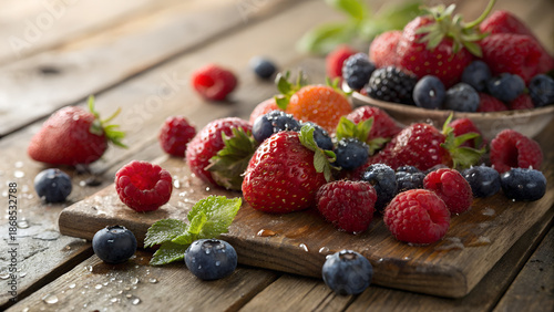 Wallpaper Mural A wooden farm table covered with mixed berries, some still dusted with morning dew Torontodigital.ca
